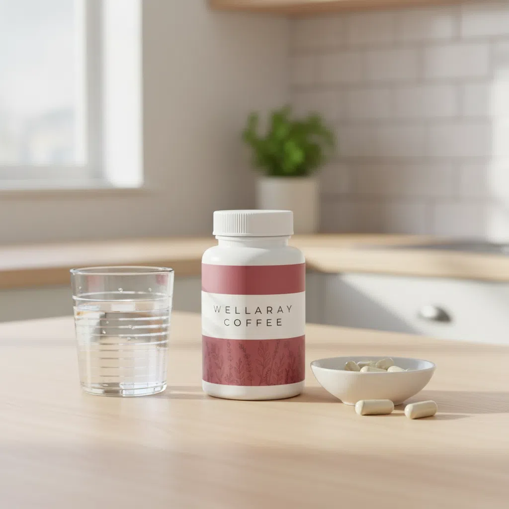 Wellaray Coffee Schachtel auf Marmoroberfläche mit Kaffeebohnen - Grünkaffee Extrakt Supplement Deutschland
